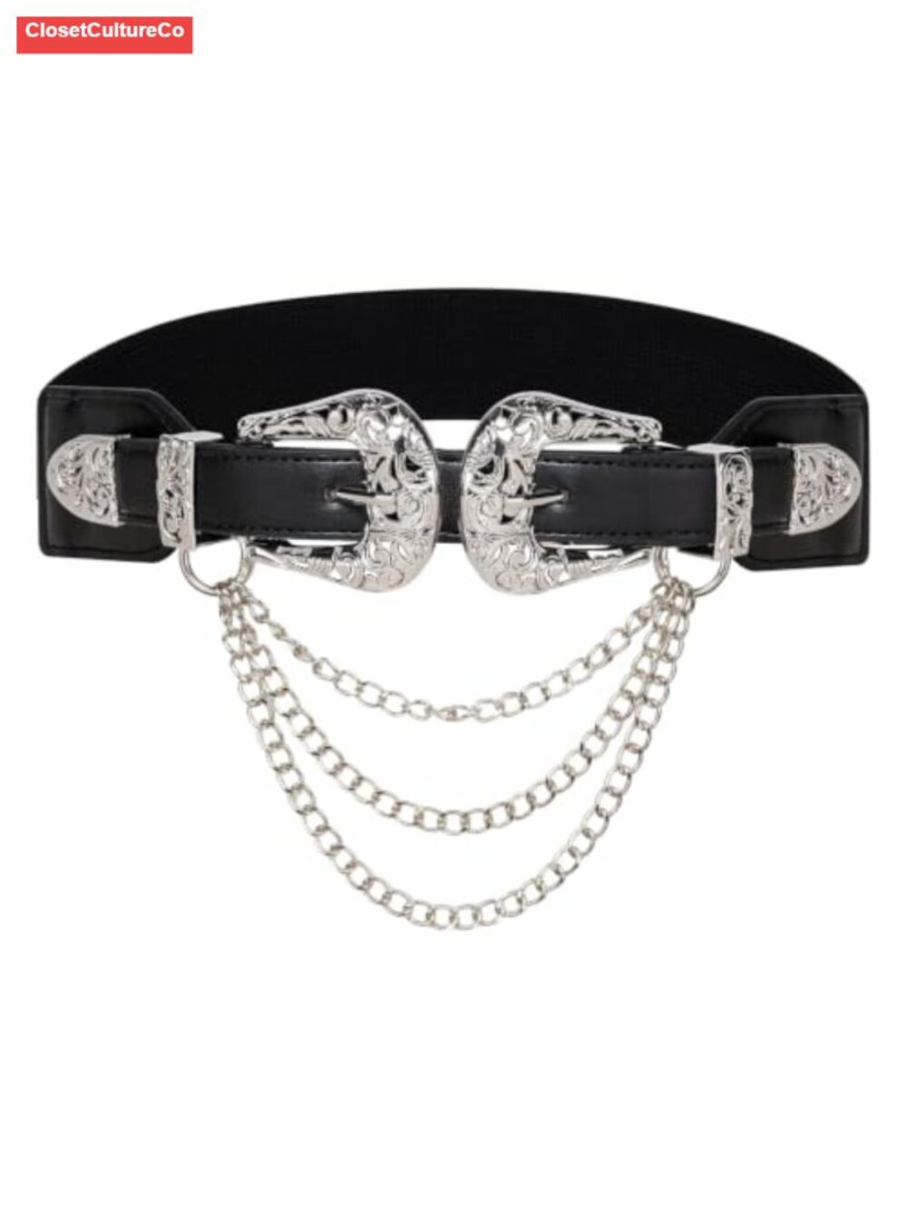 Western Double Buckle Stretch Belt with Chain Cowgirl Waist Belt